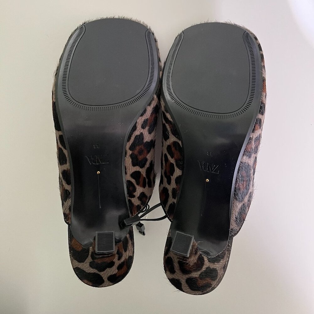 Zara 100% Leather Mules Animal Leopard Print Square Toe 2.8in Heel Sz 7.5 Summer - Picture 11 of 11